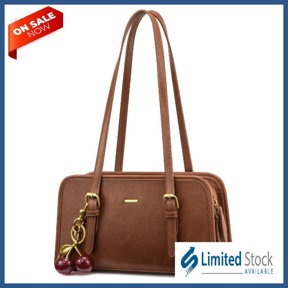 Vegan Leather Hobo Shoulder Bag with Cherry Pendant, Adjustable Strap